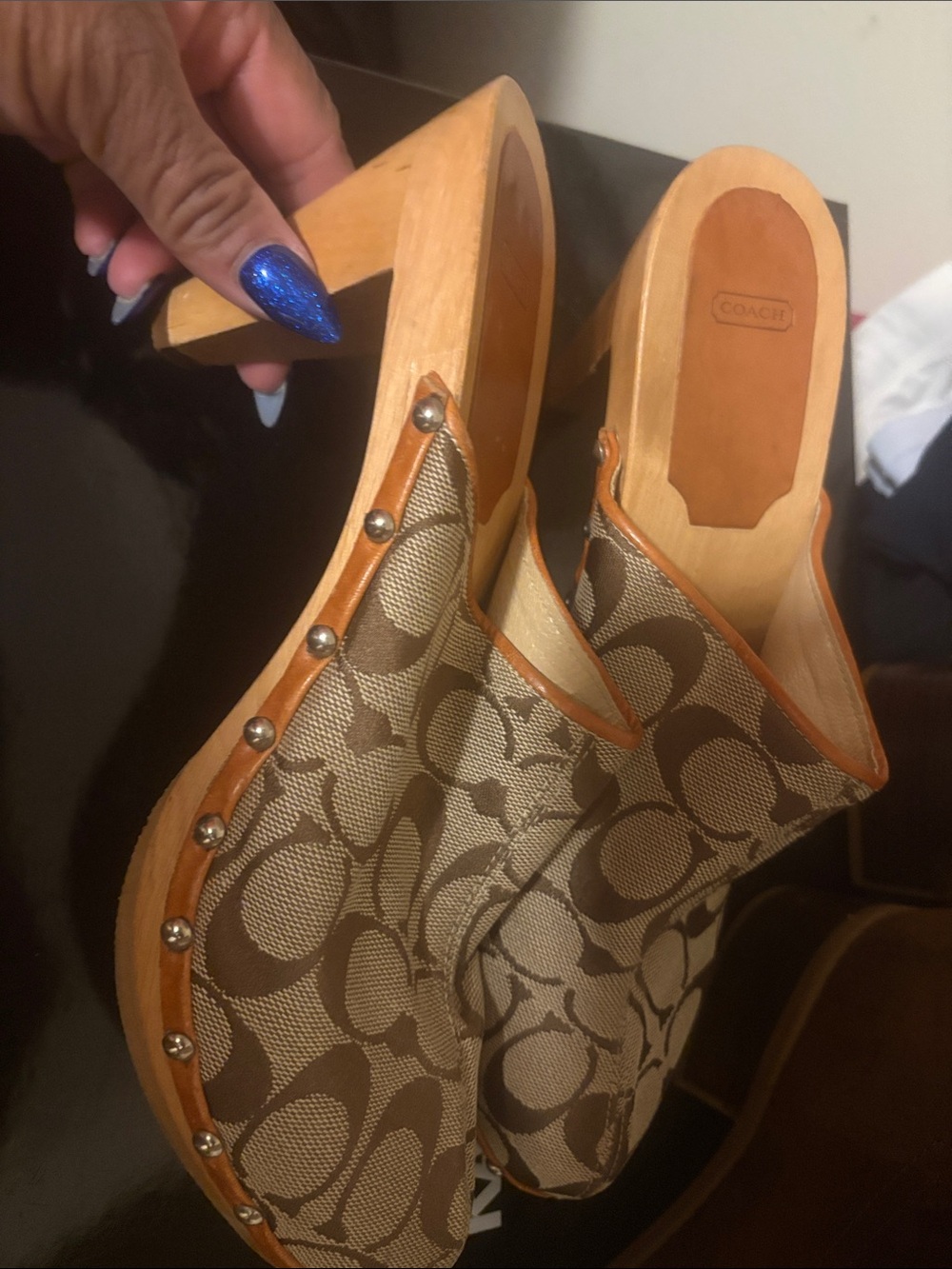 Coach Brown Signature Canvas Studded Clog Heels